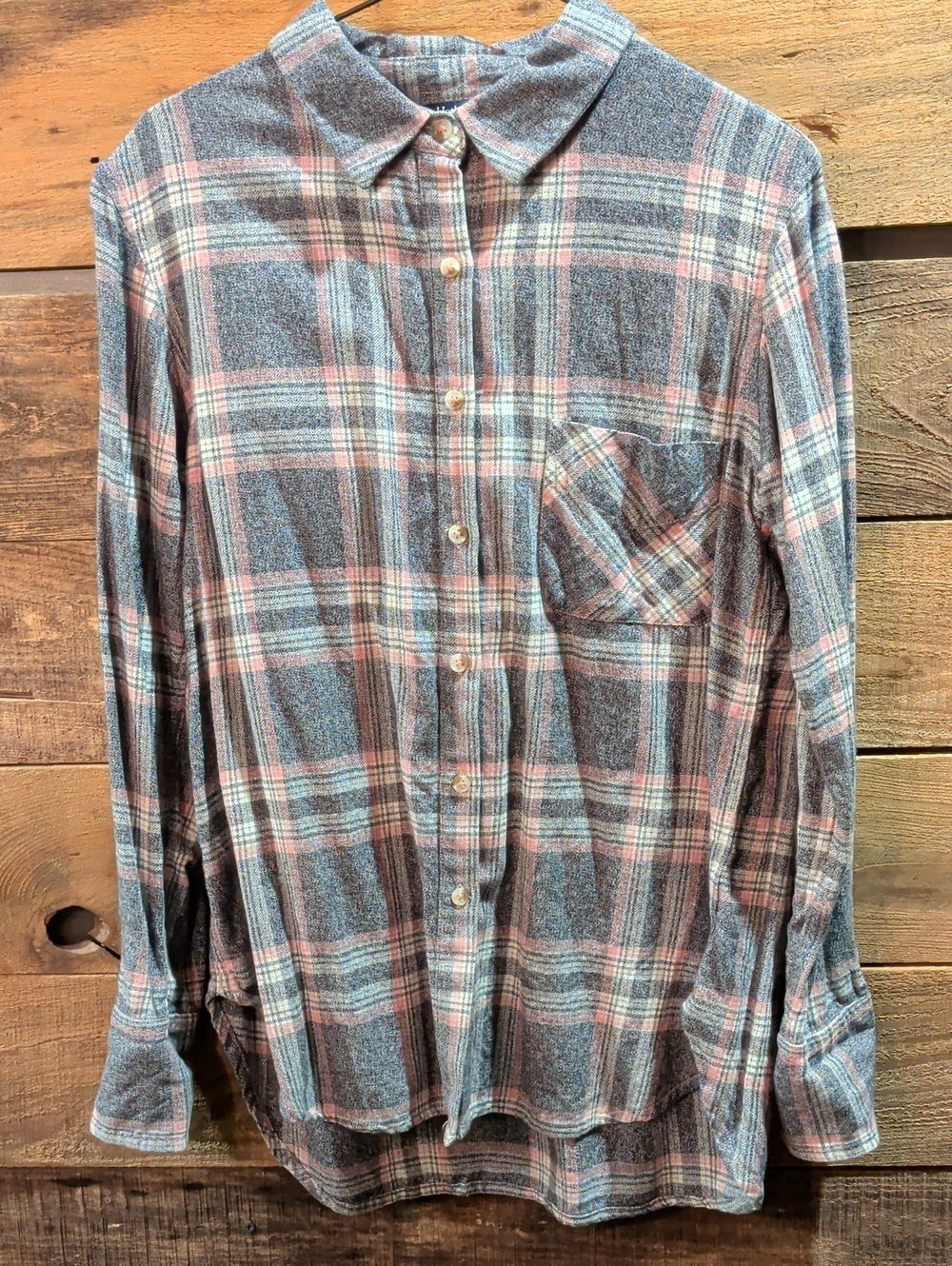 Hatley 100% Cotton Women's Gray and Pink Plaid Button-Down Shirt